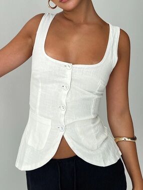 Princess Polly White Linen Scoop Neck Button Front Tank